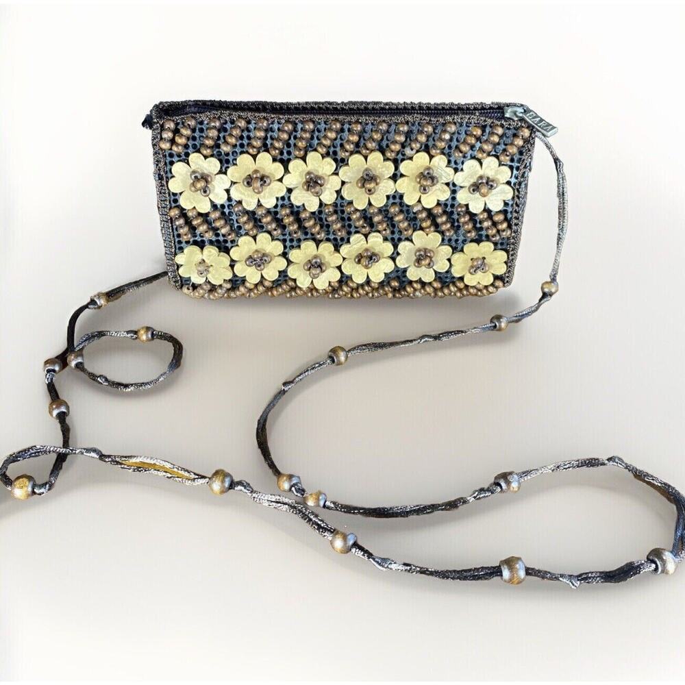 Coconut Shell & Wood Bead Flowers Cross Body Purse Bag Artisan Boho Artsy Beachy